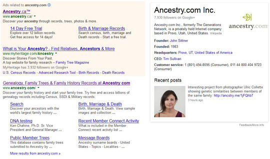 Google search for Ancestry.com